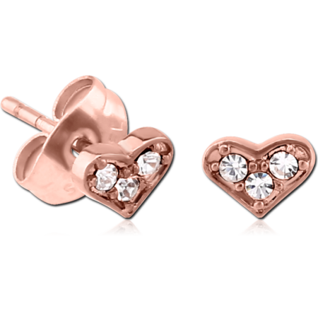 ROSE GOLD PVD COATED SURGICAL STEEL JEWELED EAR STUDS PAIR - HEART