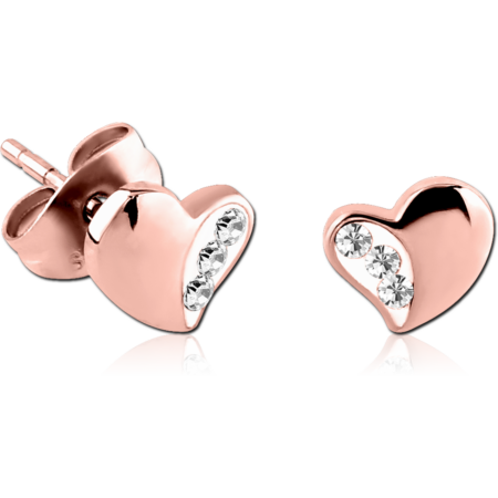 ROSE GOLD PVD COATED SURGICAL STEEL CRYSTALINE JEWELED EAR STUDS PAIR - HEART