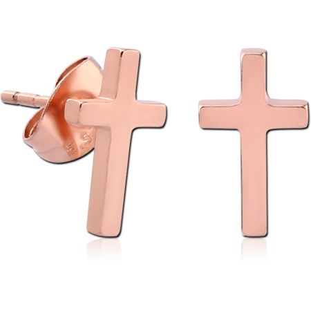 ROSE GOLD PVD COATED SURGICAL STEEL EAR STUDS PAIR - CROSS