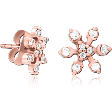 ROSE GOLD PVD COATED SURGICAL STEEL JEWELED EAR STUDS PAIR - SNOWFLAKE