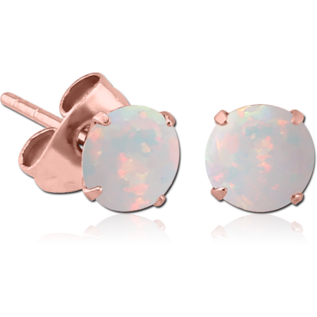 ROSE GOLD PVD COATED SURGICAL STEEL ROUND SYNTHETIC OPAL PRONG SET JEWELED EAR STUDS PAIR
