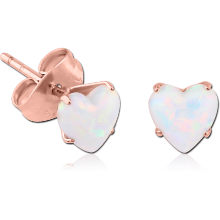 ROSE GOLD PVD COATED SURGICAL STEEL HEART SYNTHETIC OPAL PRONG SET JEWELED EAR STUDS PAIR
