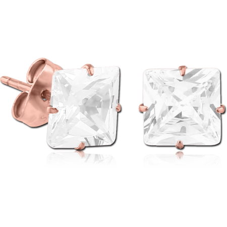 ROSE GOLD PVD COATED SURGICAL STEEL SQUARE PRONG SET JEWELED EAR STUDS PAIR