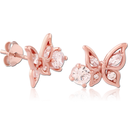 STERLING SILVER 925 ROSE GOLD PLATED JEWELED EAR STUDS PAIR