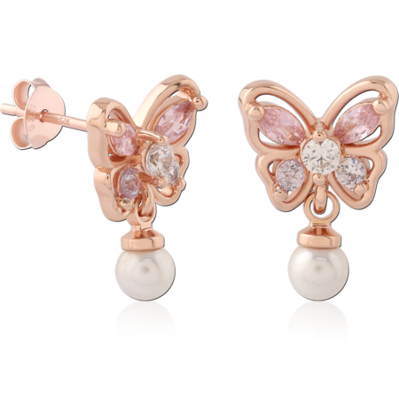 STERLING SILVER 925 ROSE GOLD PLATED JEWELED EAR STUDS PAIR
