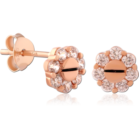 STERLING SILVER 925 ROSE GOLD PLATED JEWELED EAR STUDS PAIR
