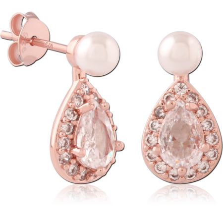 STERLING SILVER 925 ROSE GOLD PLATED JEWELED EAR STUDS PAIR