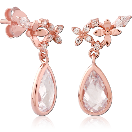 STERLING SILVER 925 ROSE GOLD PLATED JEWELED EAR STUDS PAIR