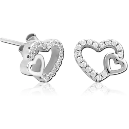 STERLING SILVER 925 RHODIUM PLATED JEWELED EAR STUDS PAIR - TWO HEARTS
