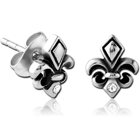 SURGICAL STEEL JEWELED EAR STUDS PAIR - FLEUR DE LIS