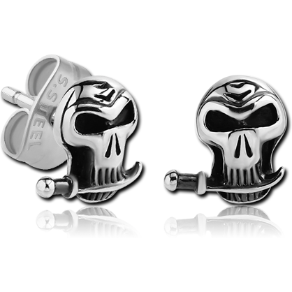 SURGICAL STEEL EAR STUDS PAIR - SKULL WITH SWARD