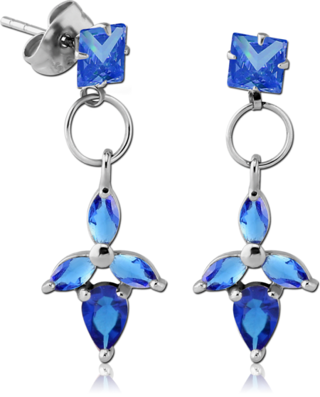 SURGICAL STEEL JEWELED EAR STUDS PAIR - SQUARE WITH DANGLING TRINITY