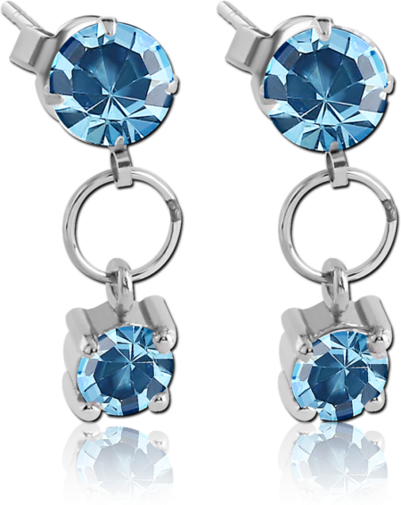 SURGICAL STEEL JEWELED EAR STUDS PAIR - ROUND WITH DANGLING ROUND STONE