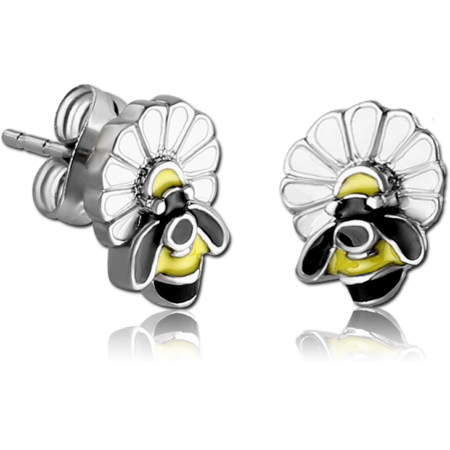 SURGICAL STEEL EAR STUDS PAIR - BEE ON FLOWER