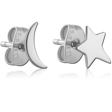 SURGICAL STEEL EAR STUDS PAIR - STAR CRESCENT