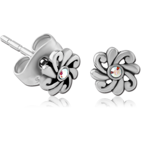 SURGICAL STEEL JEWELED EAR STUDS PAIR - FILIGREE