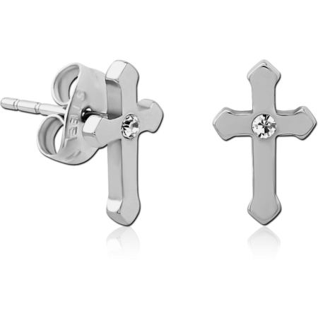 SURGICAL STEEL JEWELED EAR STUDS PAIR - CROSS