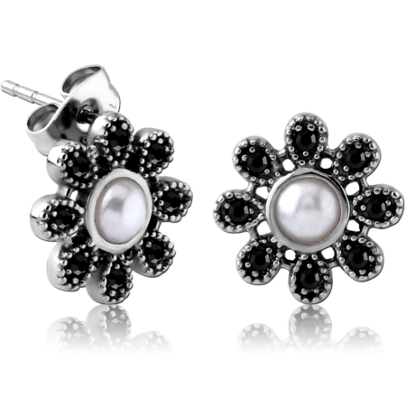 SURGICAL STEEL JEWELED EAR STUDS PAIR WITH SYNTATIC PEARL - FLOWER