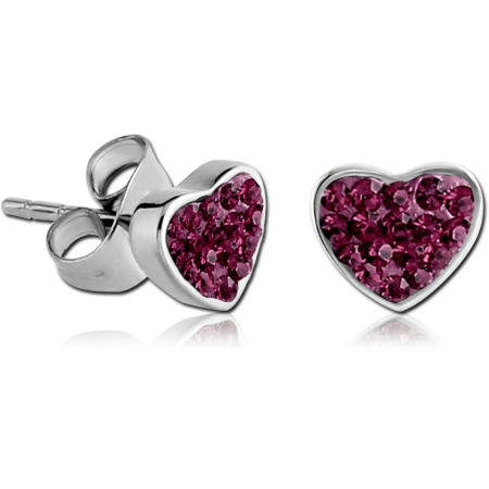 PAIR OF SURGICAL STEEL CRYSTALINE JEWELED EAR STUDS-HEART