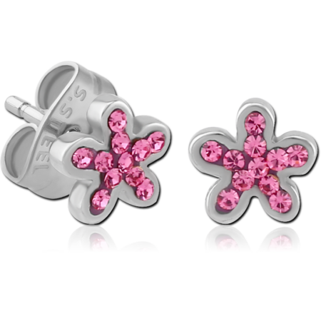 PAIR OF SURGICAL STEEL CRYSTALINE JEWELED EAR STUDS-FLOWER