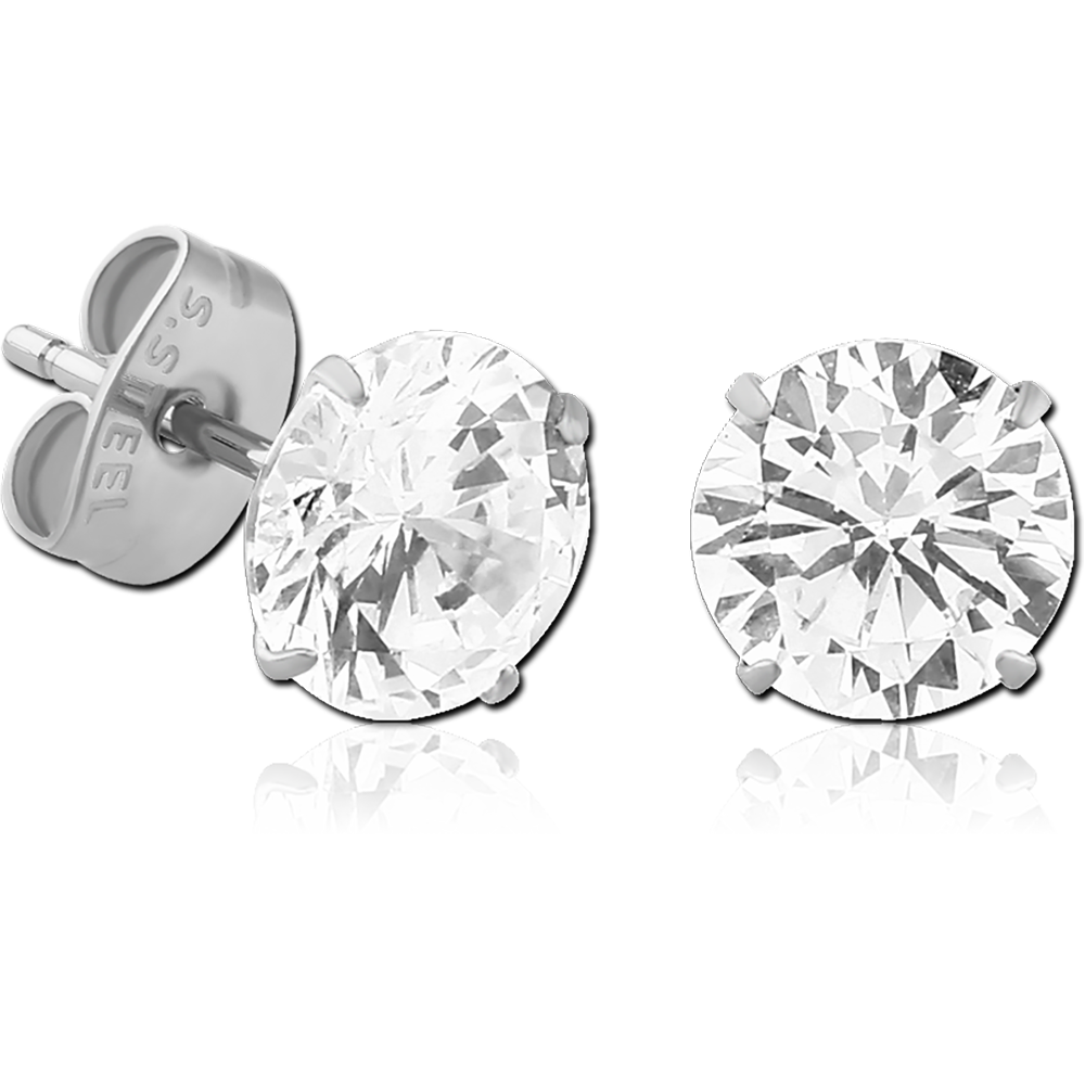 SURGICAL STEEL ROUND PRONG SET JEWELED EAR STUDS PAIR