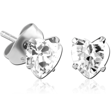 SURGICAL STEEL HEART PRONG SET JEWELED EAR STUDS PAIR