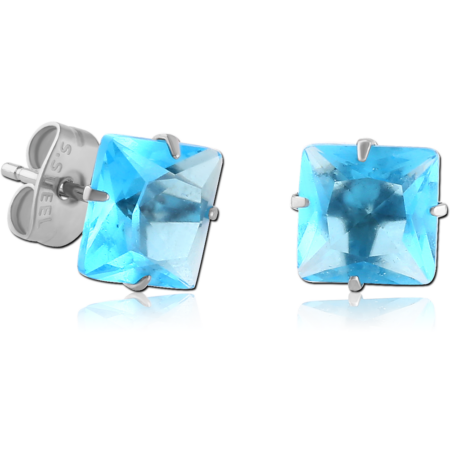 SURGICAL STEEL SQUARE PRONG SET JEWELED EAR STUDS PAIR