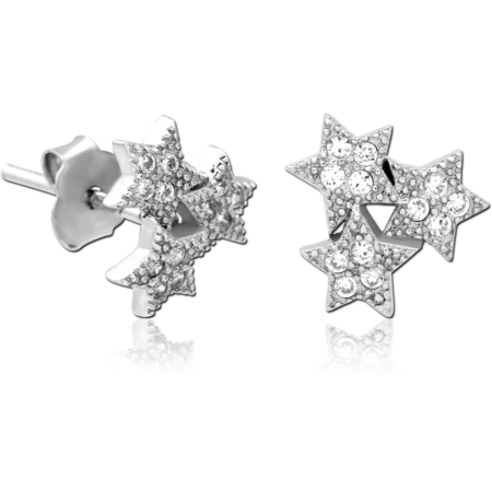 STERLING SILVER 925 JEWELED EAR STUDS PAIR - TRIPLE STAR