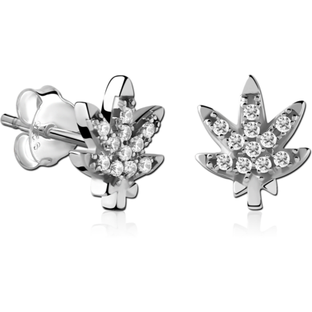 STERLING SILVER 925 JEWELED EAR STUDS PAIR - LEAF