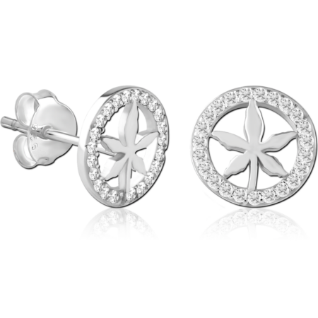 STERLING SILVER 925 JEWELED EAR STUDS PAIR - LEAF