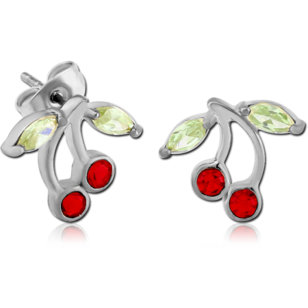 STERILE SURGICAL STEEL JEWELED EAR STUDS PAIR - CHERRY
