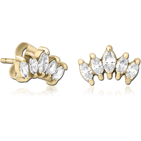 ZIRCON GOLD PVD COATED SURGICAL STEEL JEWELED EAR STUDS PAIR - FIVE GEMS