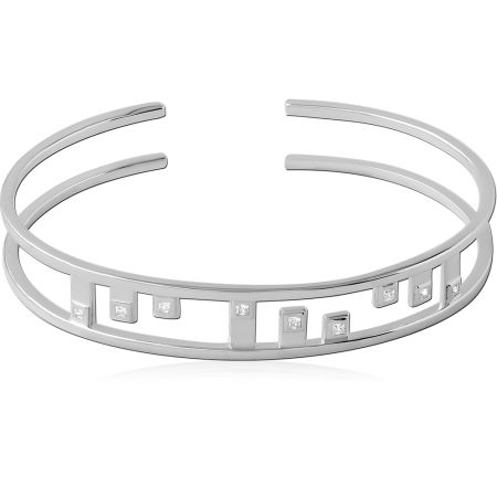 STERLING SILVER 925 BANGLE DOUBLE BAND GEOMETRIC BARS WITH SQUARE CLEAR GEMS