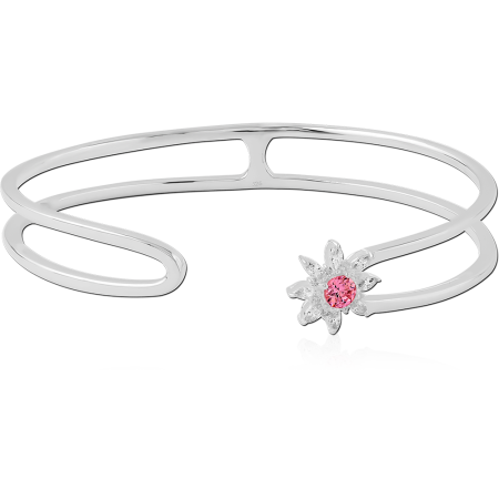 STERLING SILVER 925 BANGLE OPEN DOUBLE BAND WITH FLOWER PINK GEM