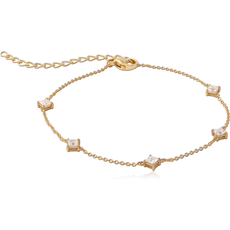 GOLD PVD 18K COATED SURGICAL STEEL BRACELET SQUARE CLEAR GEM STATIONS