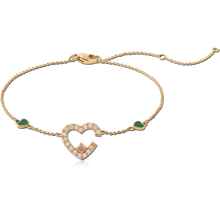 316L GOLD PVD 18K COATED SURGICAL STEEL BRACELET OPEN PAVE HEART WITH GREEN HEARTS