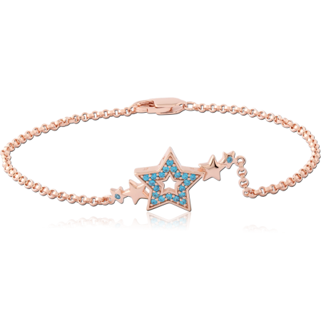 ROSE GOLD PLATED STERLING SILVER 925 BRACELET STAR OUTLINE BLUE GEM WITH STAR CHARMS