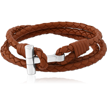RHODIUM PLATED STERLING SILVER 925 BRACELET BRAIDED LEATHER WRAP WITH T-BAR CLASP