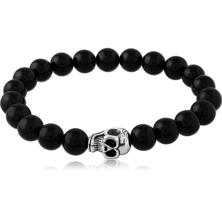 SURGICAL STEEL BEADED BRACELET BLACK BEADS SKULL CENTER BOLD STYLE