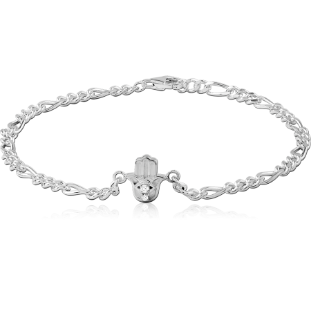 STERLING SILVER 925 CHAIN BRACELET HAMSA HAND WITH CLEAR GEM