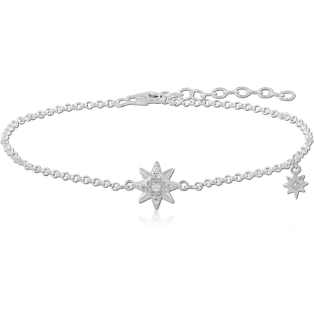 STERLING SILVER 925 CHAIN BRACELET EIGHT-POINT STAR GEM CENTER WITH STAR CHARM