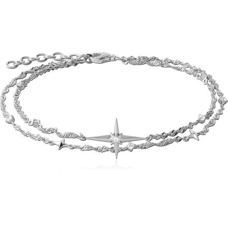 STERLING SILVER 925 LAYERED BRACELET NORTH STAR GEM CENTER WITH BEAD AND STAR ACCENTS