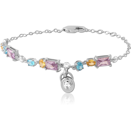 STERLING SILVER 925 CHAIN BRACELET MIXED SHAPE MULTICOLOR GEMS WITH CLEAR GEM CHARM