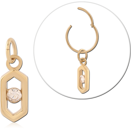 18K GOLD PVD COATED 316L SURGICAL STEEL CHARM OPEN HEXAGON CENTER GEM