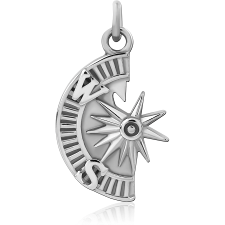 SURGICAL STEEL CHARM CRESCENT COMPASS WITH STAR AND DIRECTION LETTERS