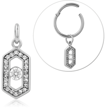 SURGICAL STEEL CHARM ELONGATED HEXAGON FRAME PAVE BORDER CENTER GEM