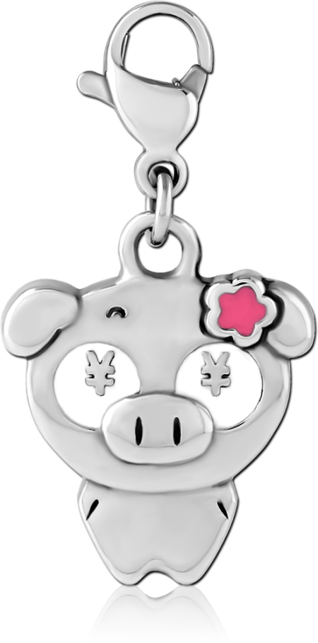 SURGICAL STEEL CHARM ENAMEL PIG FACE WITH FLOWER WITH LOBSTER CLASP