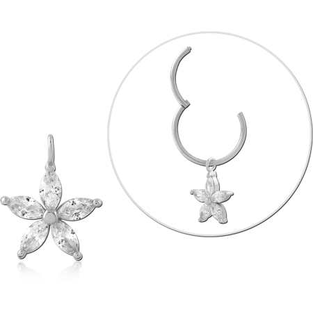 STERLING SILVER 925 CHARM FIVE PETAL FLOWER WITH MARQUISE CLEAR GEMS DANGLE