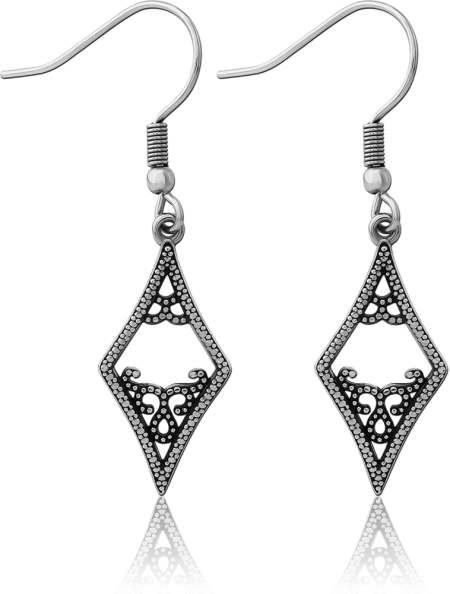 SURGICAL STEEL DANGLE EARRINGS OPEN DIAMOND FILIGREE DOT DETAILING DESIGN
