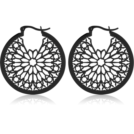 BLACK PVD COATED SURGICAL STEEL HOOP EARRINGS FILIGREE MANDALA FLOWER CUTOUT